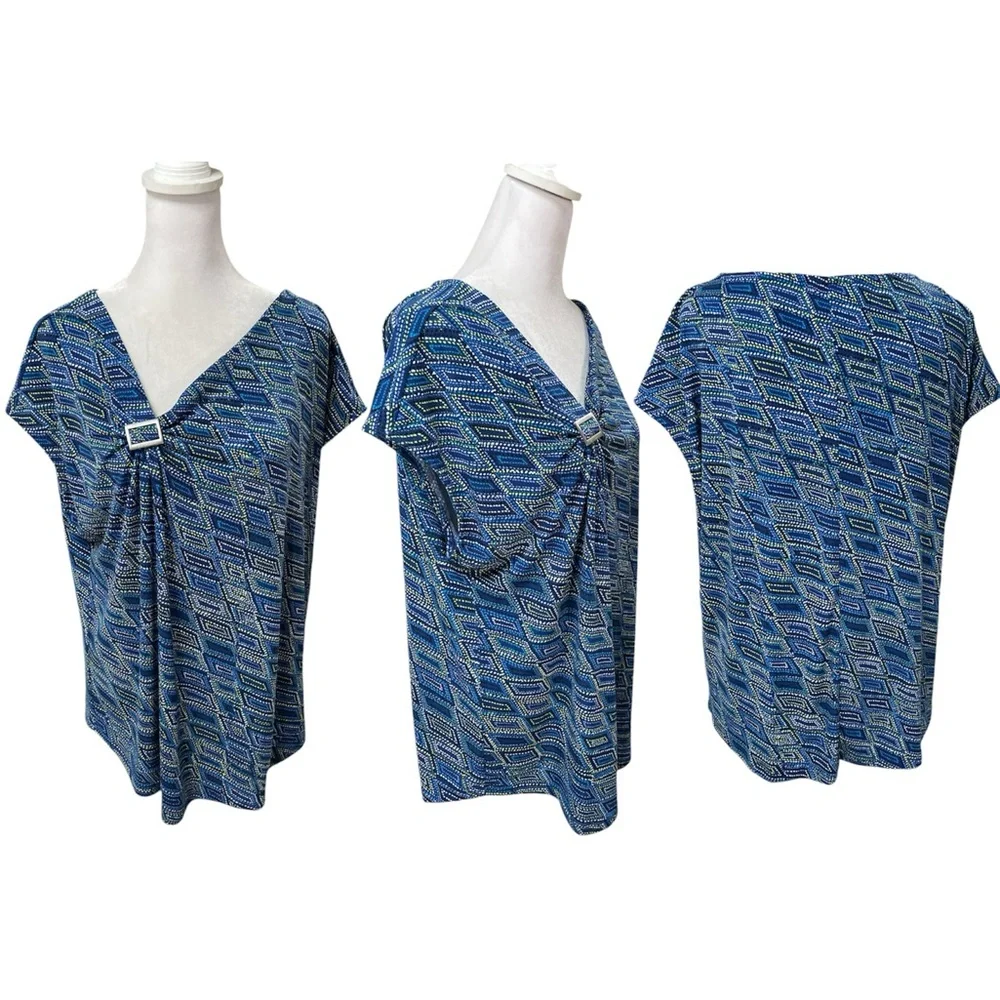 Adrienne Vittadini Blue, Green & White Print Sleeveless Ruched Blouse Size XL - Picture 1 of 12